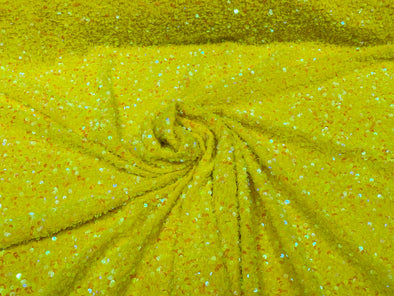 Yellow Iridescent-Yellow 54" Stretch Velvet with Luxury Sequins All Over 5mm Shining Sequins 2-Way Stretch. Sold by the yard.