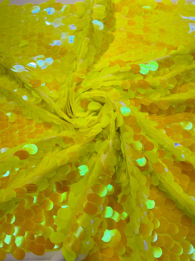 Yellow Iridescent Jumbo Sequins Oval Sequin Paillette/Tear Drop Mermaid Big Sequins Fabric On Yellow Mesh/ 54 Inches Wide
