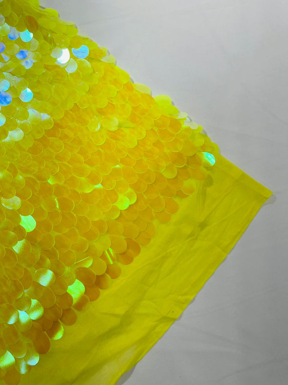 Yellow Iridescent Jumbo Sequins Oval Sequin Paillette/Tear Drop Mermaid Big Sequins Fabric On Yellow Mesh/ 54 Inches Wide