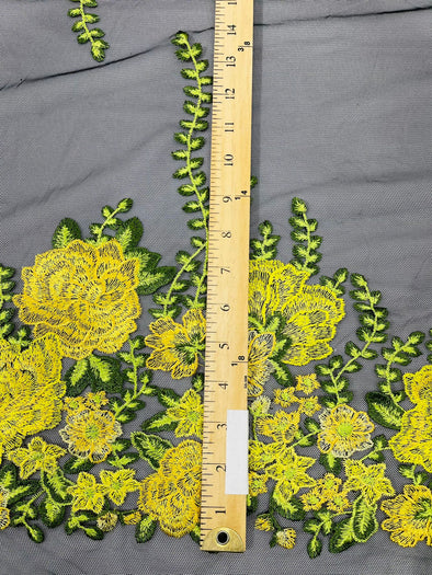 Yellow Roses Multi Color Floral Design Embroider on a Black Mesh Lace Fabric- Sold by the yard.