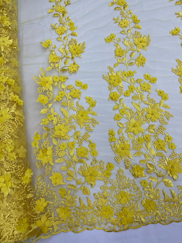 Yellow 3D floral design embroider and beaded with pearls on a mesh lace-prom-dresses-nightgown-apparel-fashion-Sold by yard