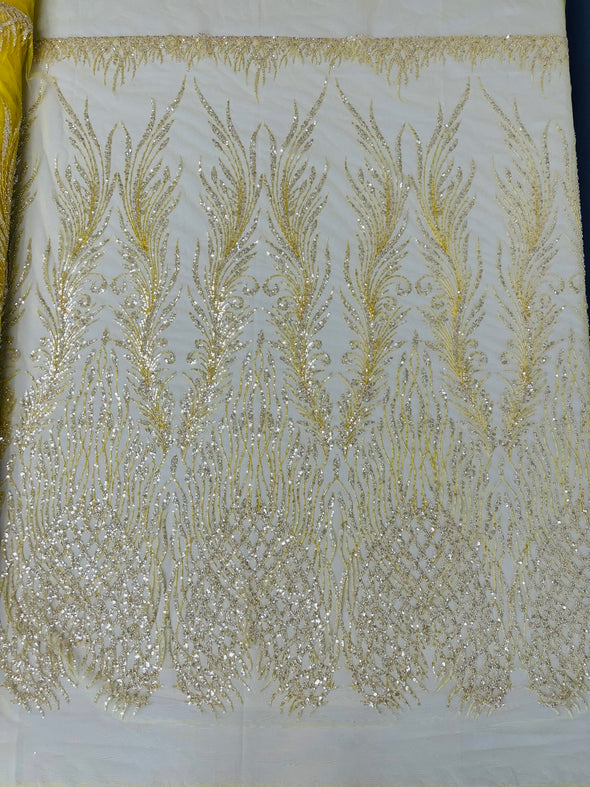 Yellow Feathers damask embroider and heavy beaded on a mesh lace fabric- Sold by the yard