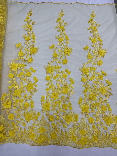 Yellow 3D floral design embroider and beaded with pearls on a mesh lace-prom-dresses-nightgown-apparel-fashion-Sold by yard