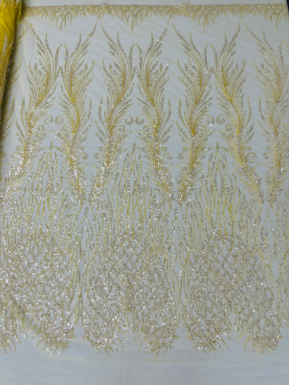 Feathers damask embroider and heavy beaded on a mesh lace fabric- Sold by the yard