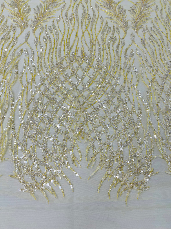 Yellow Feathers damask embroider and heavy beaded on a mesh lace fabric- Sold by the yard