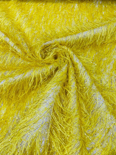 Yellow Shaggy Jacquard Faux Ostrich/Eye Lash Feathers Sewing Fringe With Metallic Thread Fabric By The Yard