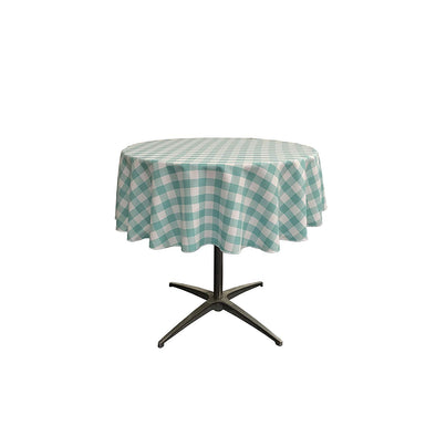 Aqua Polyester Poplin Checkered Gingham Plaid Round Tablecloth