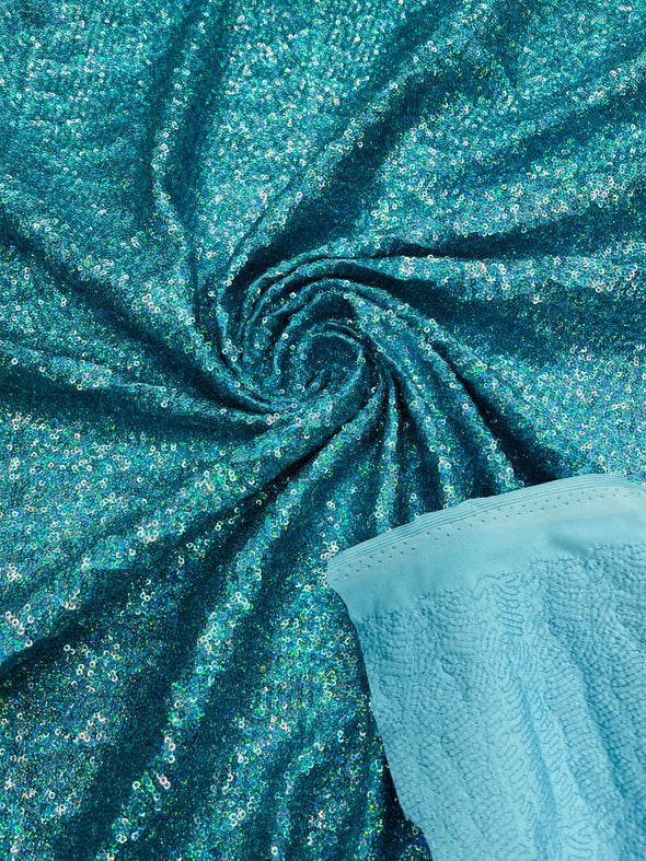 Hologram Mini Glitz Sequins on a 4 Way Stretch Spandex Fabric- Sold by The Yard