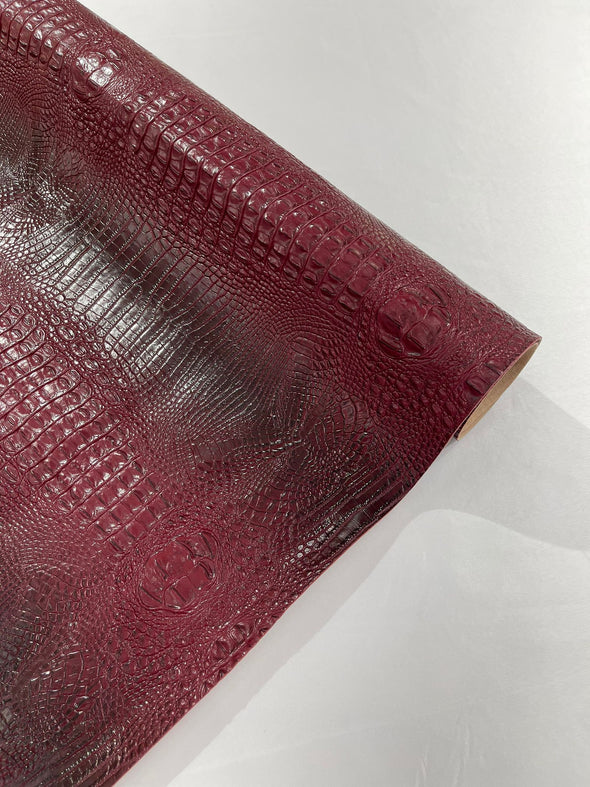 Burgundy 54” Wide Gator Two Tone Fake Leather Upholstery, 3-D Crocodile Skin Texture Faux Leather PVC Vinyl Fabric Sold by The Yard.