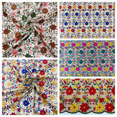 Oaxaca multi color Mexican Sarape floral design embroider on mesh lace-sold by the yard.