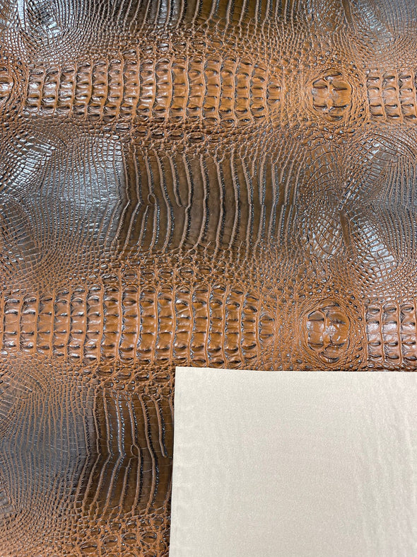 Cognac 54” Wide Gator Two Tone Fake Leather Upholstery, 3-D Crocodile Skin Texture Faux Leather PVC Vinyl Fabric Sold by The Yard.