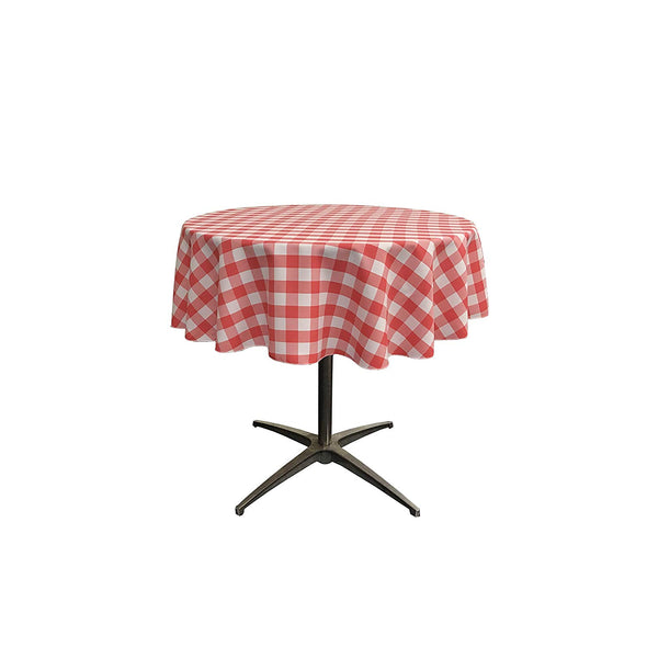 Coral Polyester Poplin Checkered Gingham Plaid Round Tablecloth