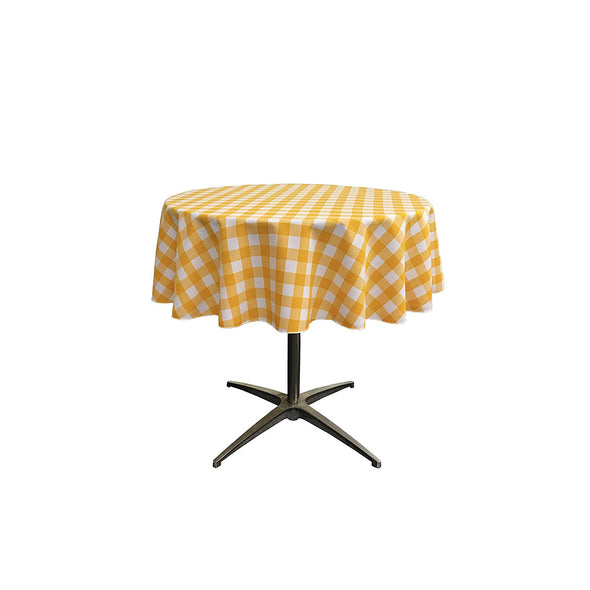 Dark Yellow Polyester Poplin Checkered Gingham Plaid Round Tablecloth