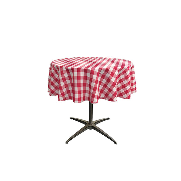 Fuchsia Polyester Poplin Checkered Gingham Plaid Round Tablecloth.