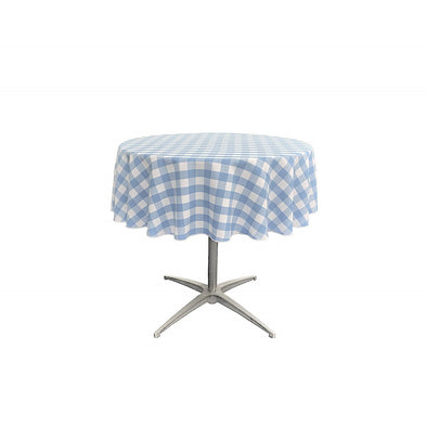 Light Blue Polyester Poplin Checkered Gingham Plaid Round Tablecloth.