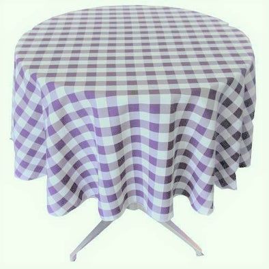 Lilac Polyester Poplin Checkered Gingham Plaid Round Tablecloth.