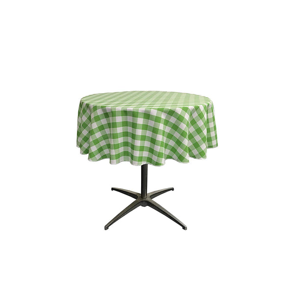 Lime Green Polyester Poplin Checkered Gingham Plaid Round Tablecloth.