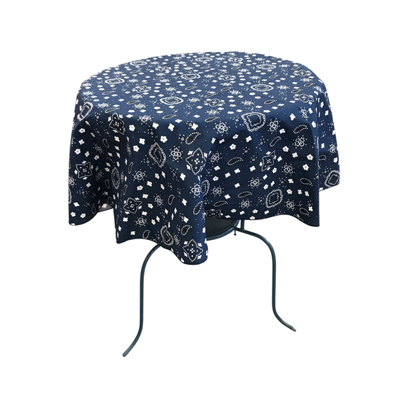 Navy Blue Round Print Poly Cotton Tablecloth Bandanna ( Choose Size Below )