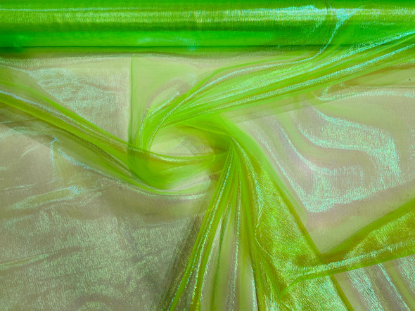 Neon Lime Crush Iridescent Shimmer Organza Fabric 45” Wide, Sells by The Yard.