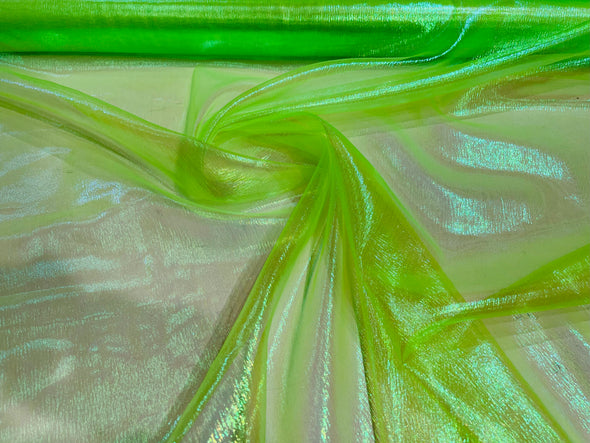 Neon Lime Crush Iridescent Shimmer Organza Fabric 45” Wide, Sells by The Yard.