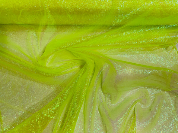 Neon Yellow Crush Iridescent Shimmer Organza Fabric 45” Wide, Sells by The Yard.