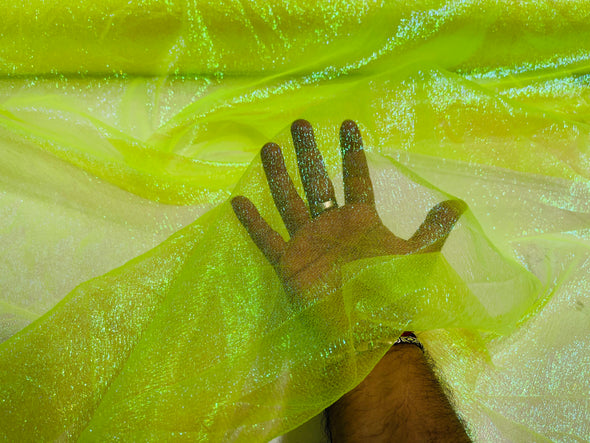 Neon Yellow Crush Iridescent Shimmer Organza Fabric 45” Wide, Sells by The Yard.