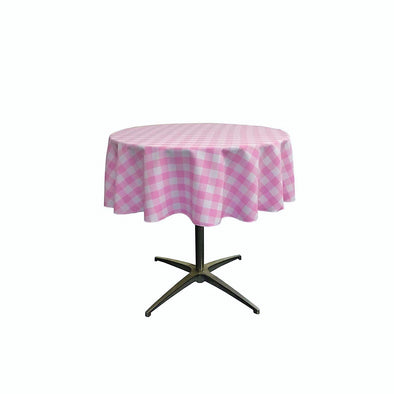 Pink Polyester Poplin Checkered Gingham Plaid Round Tablecloth.