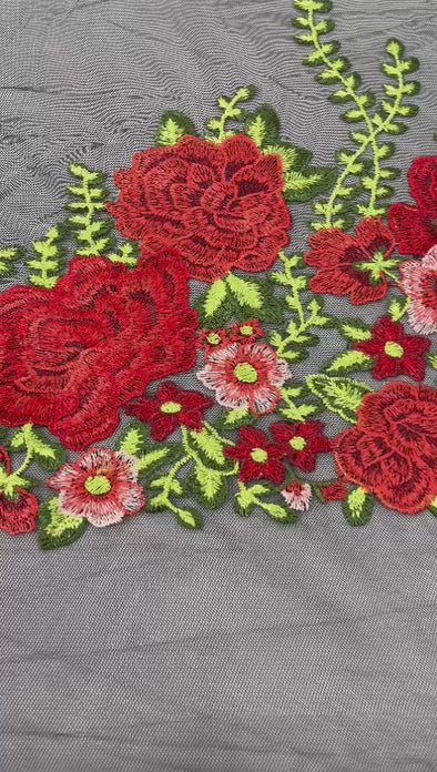 Red Roses Multi Color Floral Design Embroider on a Black Mesh Lace Fabric- Sold by the yard.