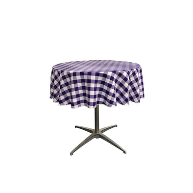 Purple Polyester Poplin Checkered Gingham Plaid Round Tablecloth.