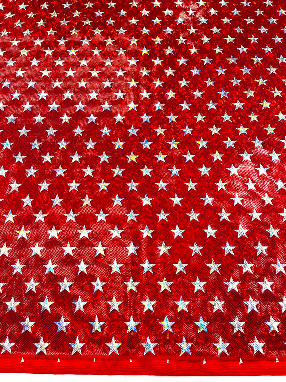 Red White Broken Glass Star Spandex, Sold by the yard