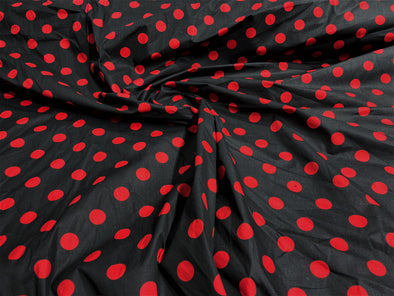 Red Dot On Black 58/60" Wide Poly Cotton Polka Dot Fabric Sold by The Yard.