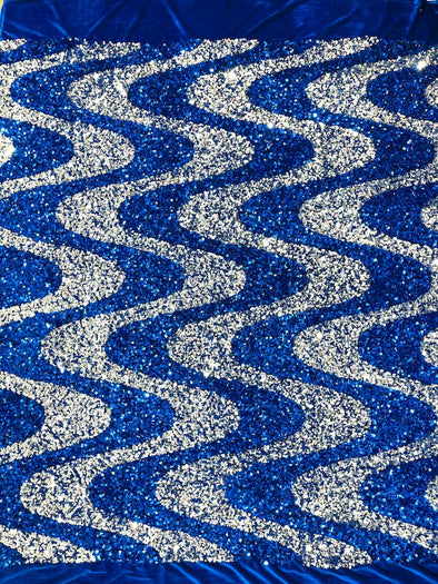 Silver-Royal Blue Sequin Wave Design stretch velvet all over 5mm shining sequins 2-way stretch, sold by the yard.