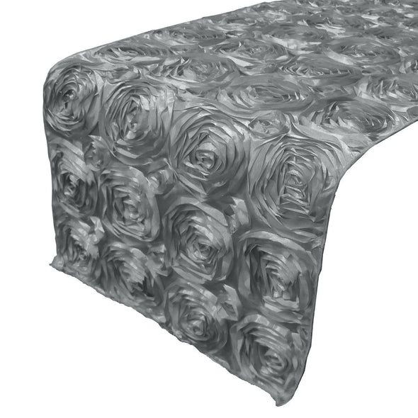 Runner - 12" x 120" Satin Rosette Rose Design Table Runner for Event Décor, Party, Wedding, Quinceañera