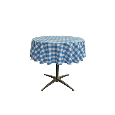 Turquoise Polyester Poplin Checkered Gingham Plaid Round Tablecloth.