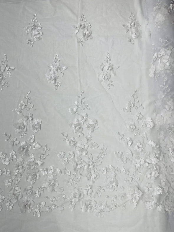 Orquidia 3d floral design embroider with pearls in a mesh lace fabric-dresses-fashion-decorations-prom-sold by the yard.