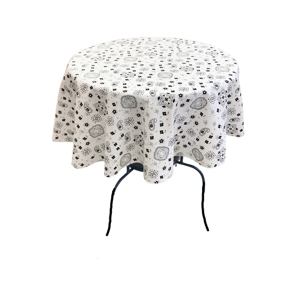 White Round Print Poly Cotton Tablecloth Bandanna ( Choose Size Below )