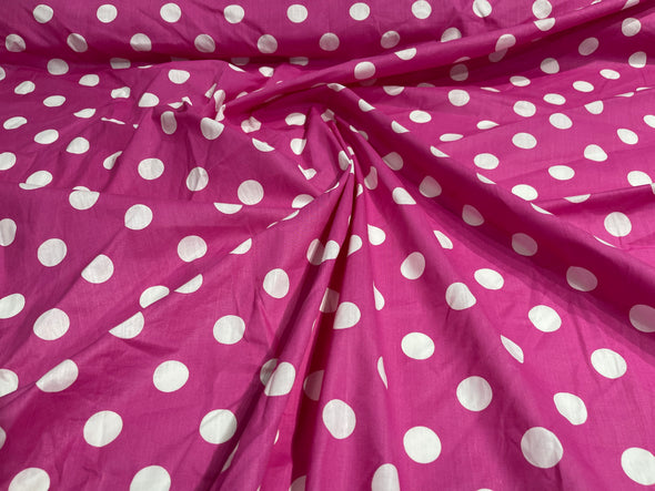 White Dot On Fuchsia 58/60" Wide Poly Cotton Polka Dot Fabric Sold by The Yard.