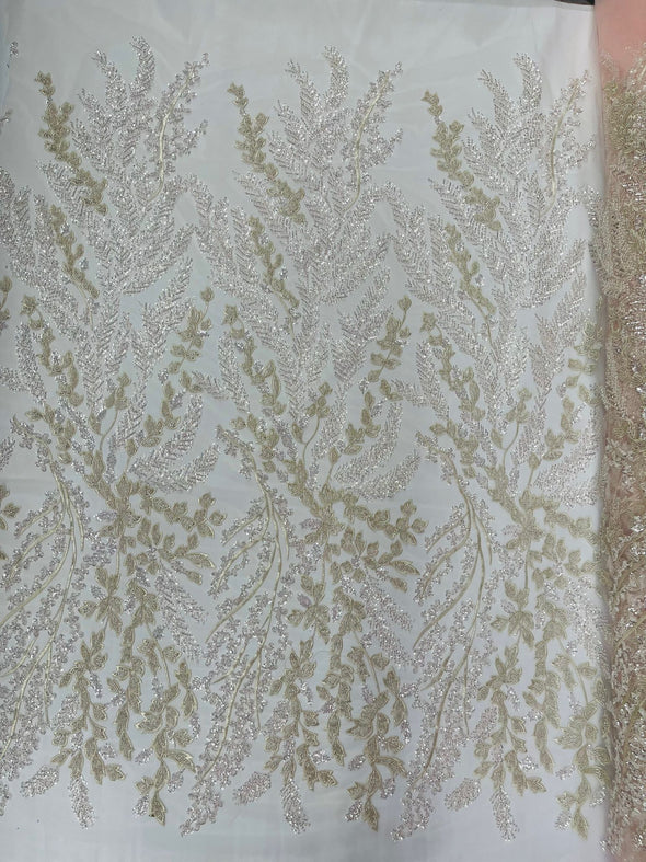 Floral Beaded Lace Fabric /Wedding/Prom/Sequin lace Sold By The Yard.