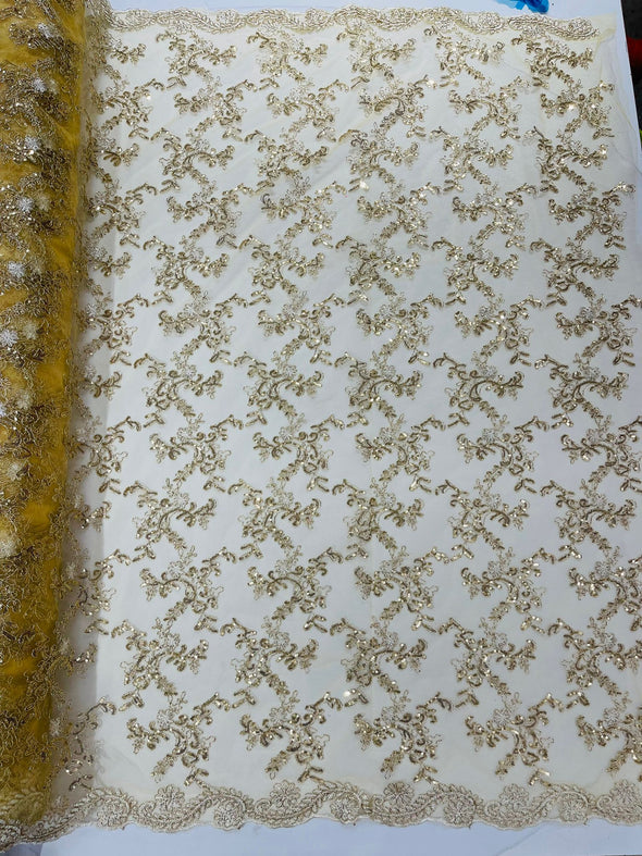 Flower lace corded and embroider with sequins on a mesh -Sold by the yard