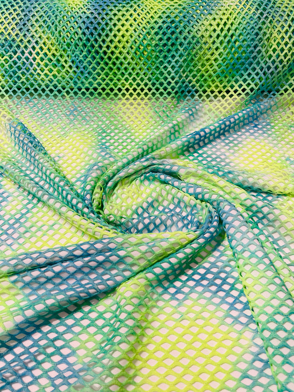 Big Fishnet Diamond Mesh Tie Dye with Silver Glitter 4 Way Stretch 58/60 Inches Wide. Sold by The Yard. Rainbow
