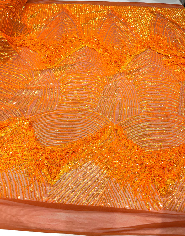 Neon Orange Iridescent fringe sequins design on a 4 way stretch mesh fabric-prom-sold by the yard.