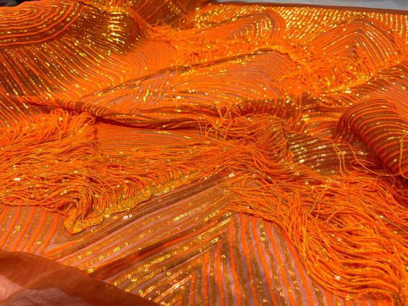 Neon Orange Iridescent fringe sequins design on a 4 way stretch mesh fabric-prom-sold by the yard.