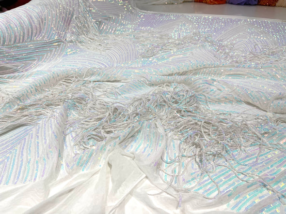 Aqua Clear Iridescent fringe sequins design on a White 4 way stretch mesh fabric-prom-sold by the yard.