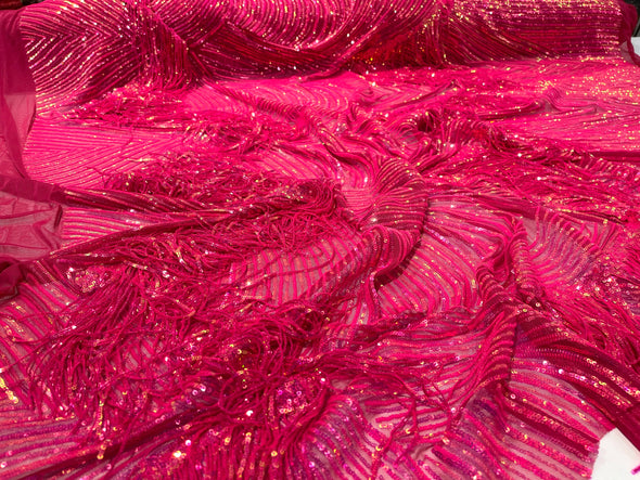 Hot Pink Iridescent fringe sequins design on a 4 way stretch mesh fabric-prom-sold by the yard.