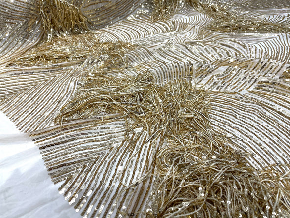 Gold fringe sequins design on a 4 way stretch mesh fabric-prom-sold by the yard.