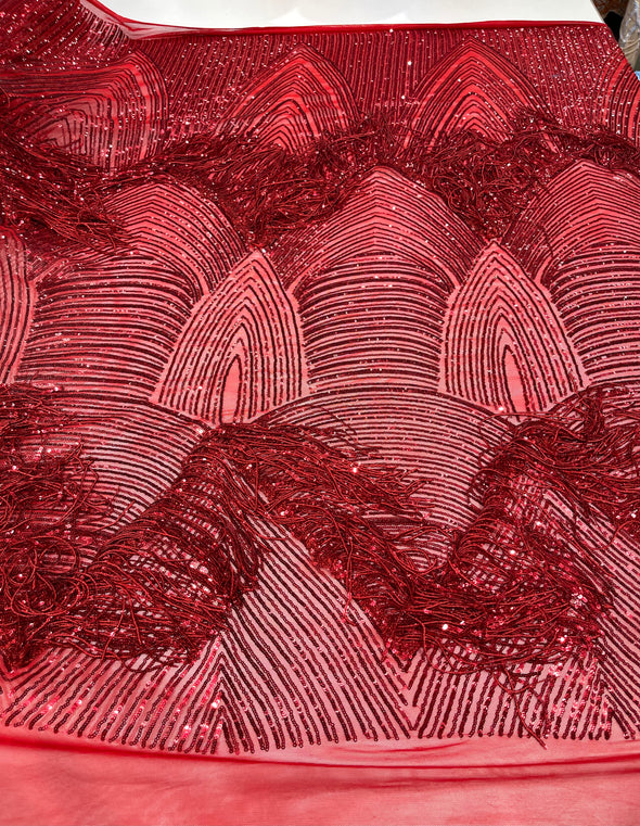 Red fringe sequins design on a 4 way stretch mesh fabric-prom-sold by the yard.