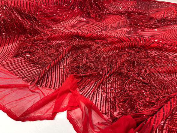 Red fringe sequins design on a 4 way stretch mesh fabric-prom-sold by the yard.