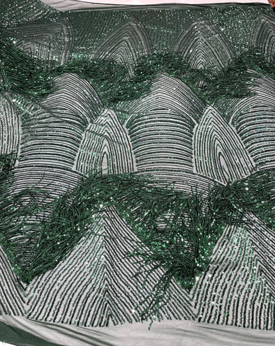 Hunter Green fringe sequins design on a 4 way stretch mesh fabric-prom-sold by the yard.