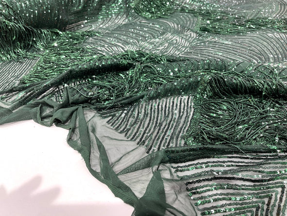 Hunter Green fringe sequins design on a 4 way stretch mesh fabric-prom-sold by the yard.