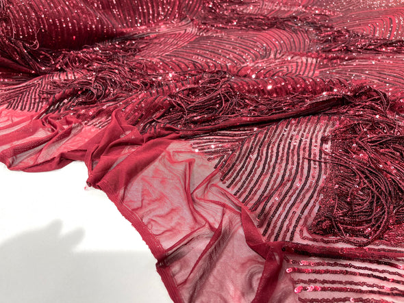 Burgundy fringe sequins design on a 4 way stretch mesh fabric-prom-sold by the yard.